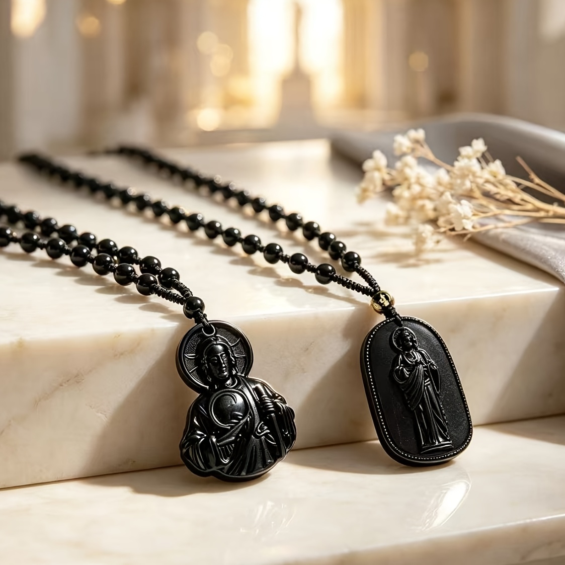 2pc Vintage Black Beaded 3D Embossed Icon Pendant Necklace Set